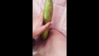 Coloured girl uses cucumber on tight pussy