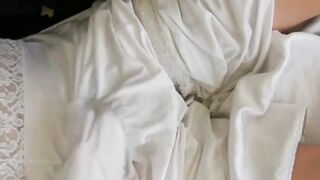 White nylon slip wank & cum