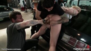 Bound blond ass fucked in repair shop